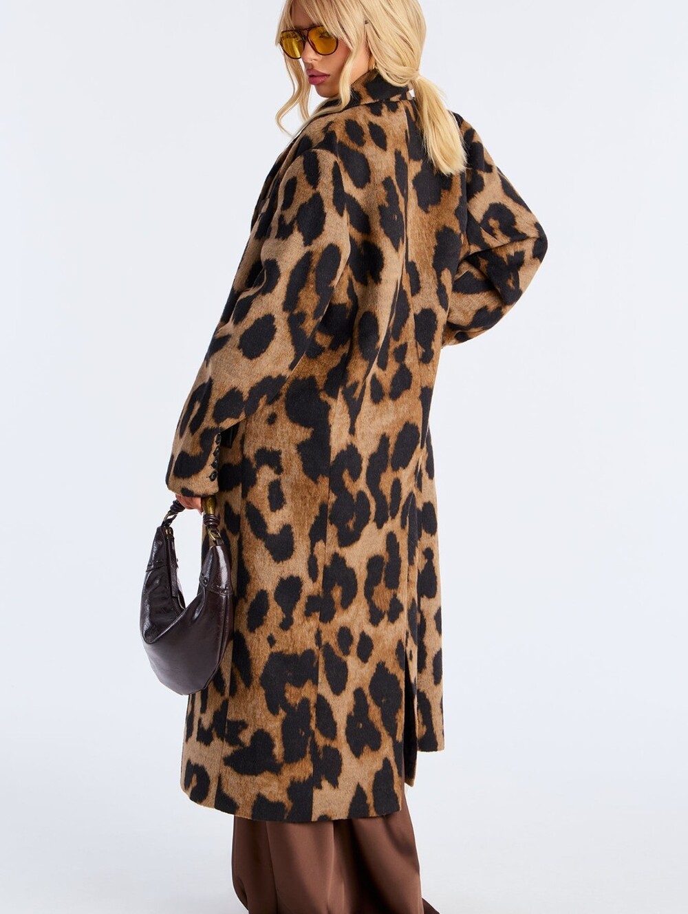 Leopard Print Long Women's Coat - Brown/Black - Picture 5 of 5